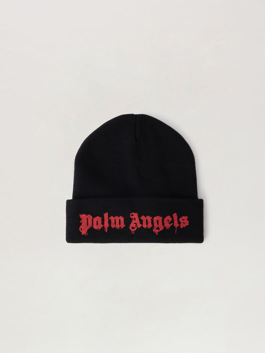 PALM ANGELS Dripping Logo Beanie BLACK RED PMLC022S26KNI002