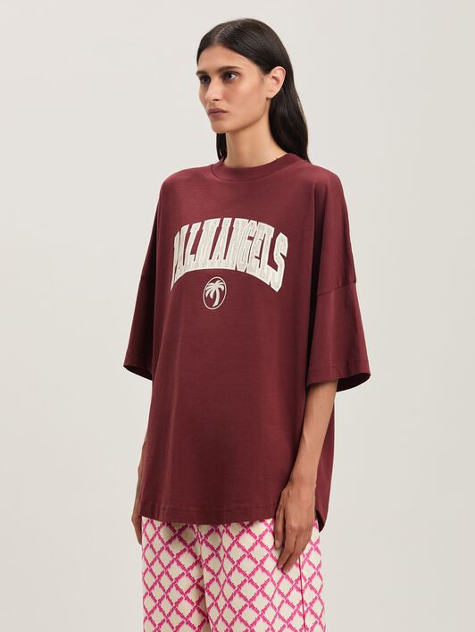 PALM ANGELS  College oversize T-shirt BURGUNDY - IVORY PWAA023S25JER003