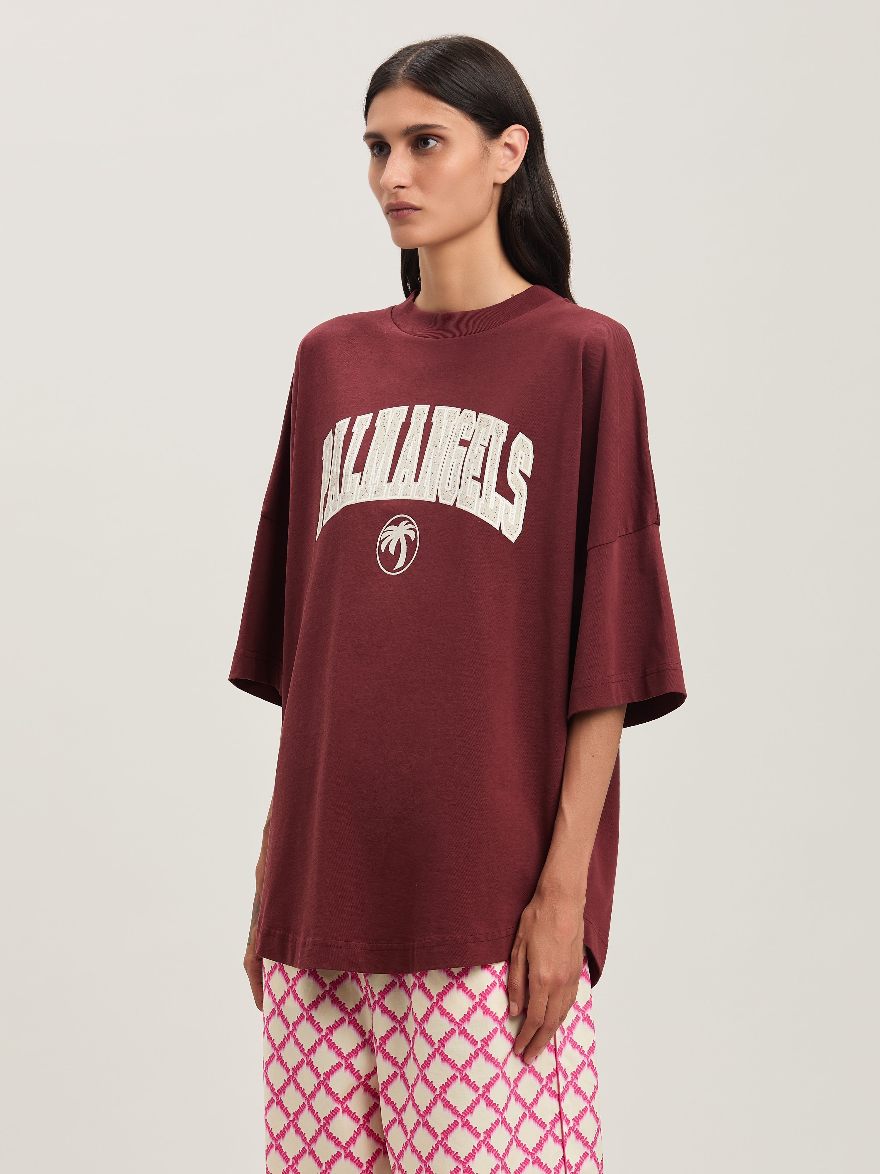 PALM ANGELS  College oversize T-shirt BURGUNDY - IVORY PWAA023S25JER003