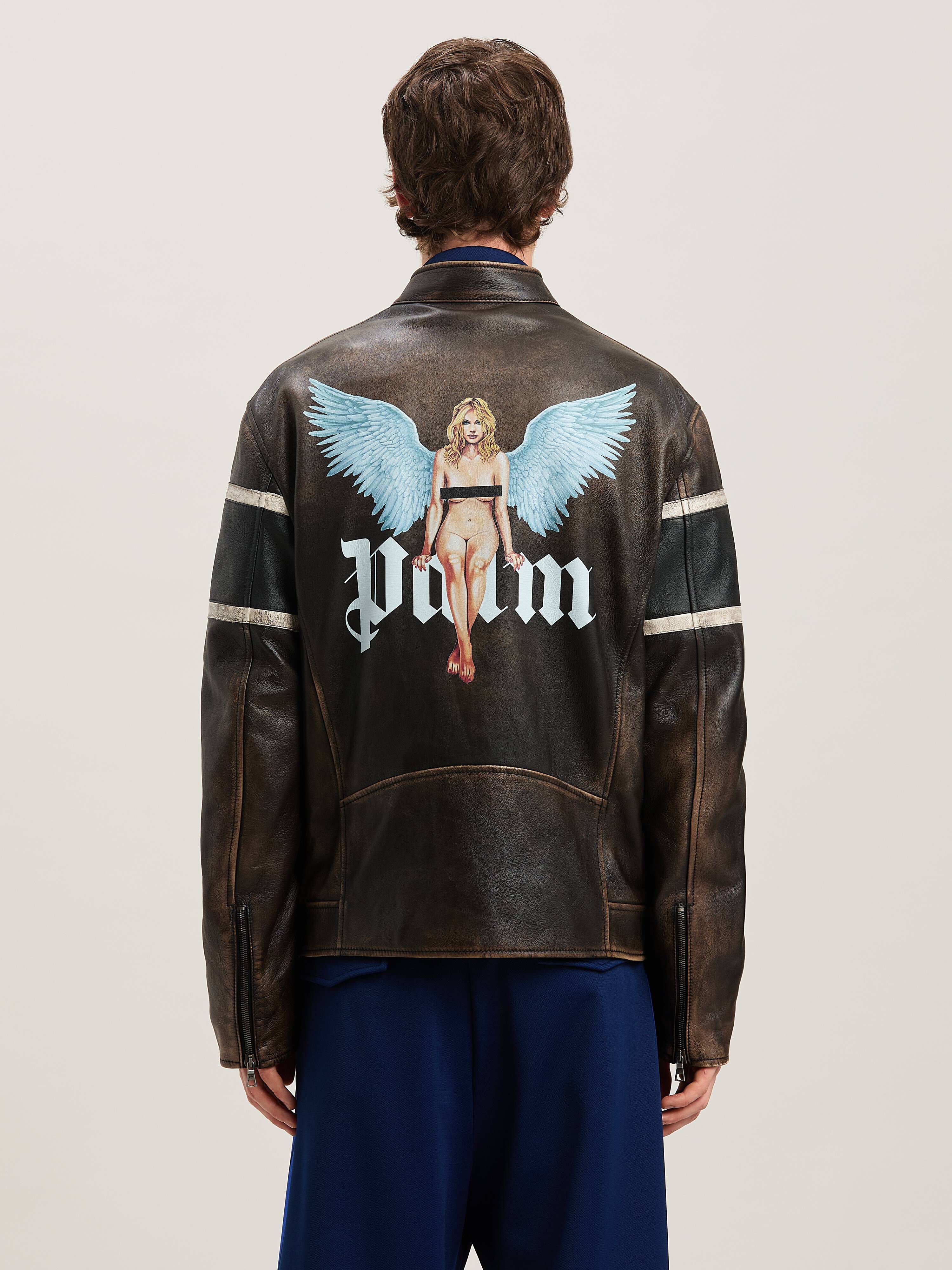 PALM ANGELS  Pin-up Biker Lederjacke BROWN - OFF WHITE PMJG018S25LEA001