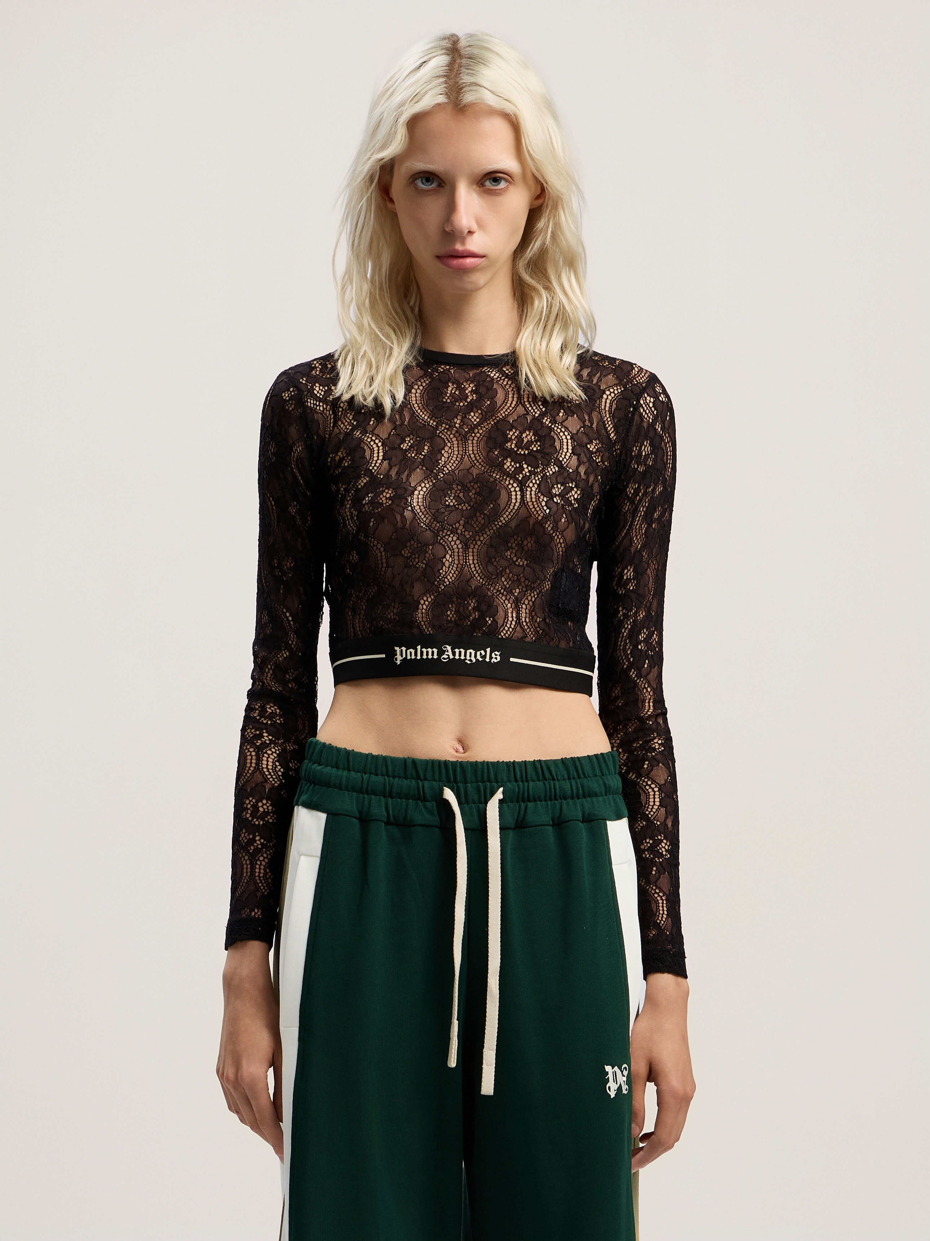PALM ANGELS Classic Logo Lace Top BLACK - BLACK PWAD07CF25FAB001