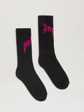 PALM ANGELS  Jacquarded Curved logo socks BLACK - OFF WHITE PWCH025S25FLE002
