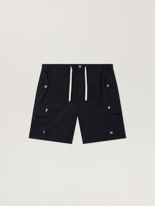 Palm Type Loose Cargo Shorts PALM ANGELS Palm Type Loose Cargo Shorts BLACK - OFF WHITE PAMCS02F26FB01