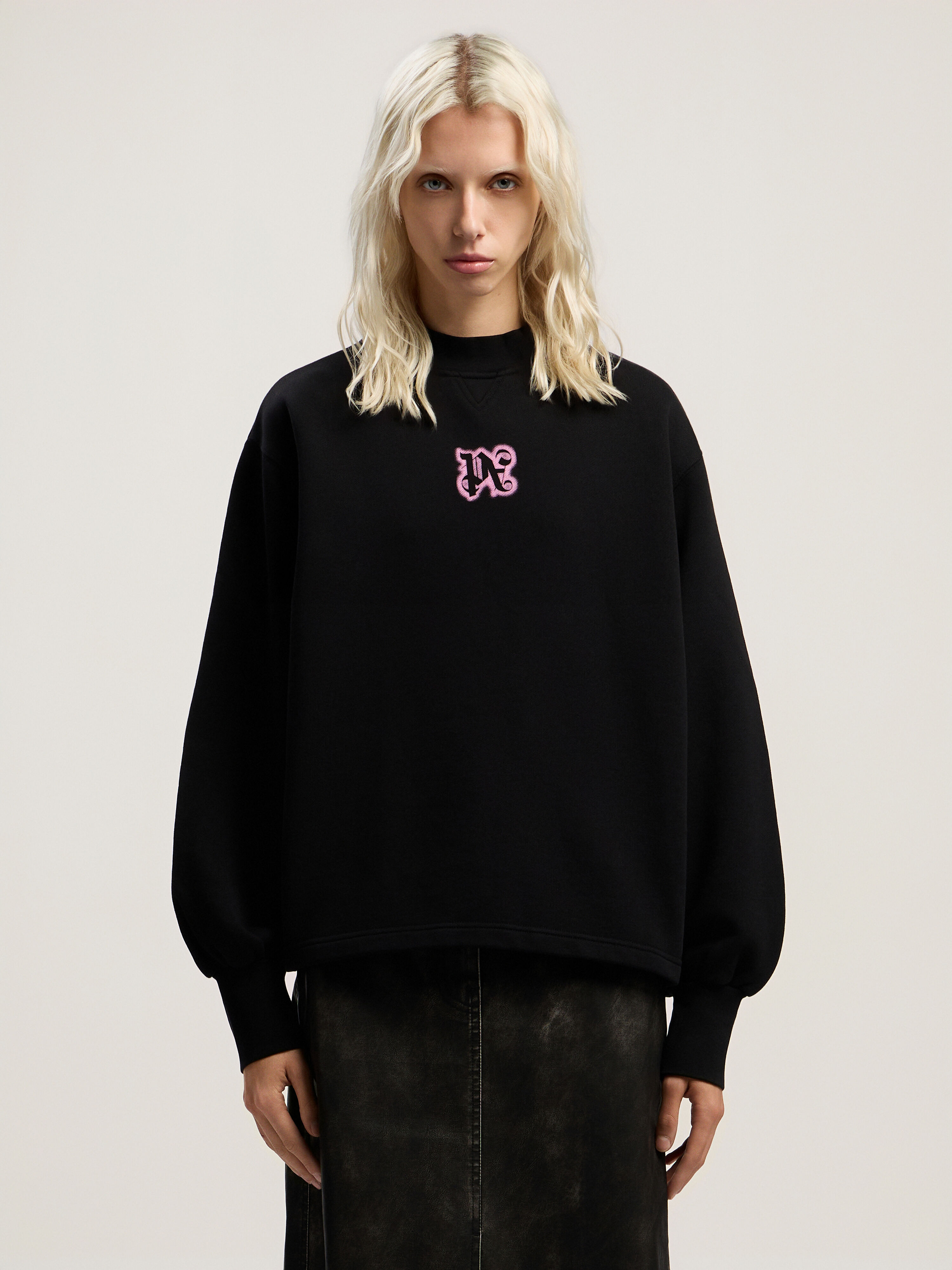 PALM ANGELS Neon Balloon Crew Sweatshirt BLACK - PINK PWBA05CF25FLE003