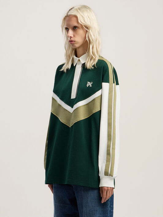 Monogram Colorblock Polo Shirt PALM ANGELS Monogram Colorblock Polo Shirt DARK GREEN - OFF WHITE PWGC011F25FAB001