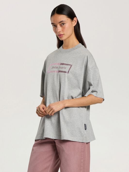 Studded Box Logo Loose T-Shirt PALM ANGELS Studded Box Logo Loose T-Shirt GREY MELANGE - PINK PAWAA05F26JR02
