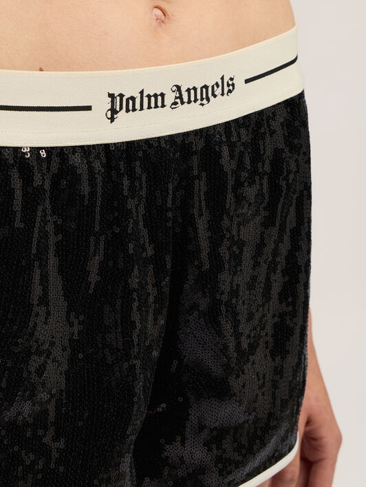 PALM ANGELS Classic Logo Sequin Shorts BLACK - OFF WHITE PWCB058F25FAB001