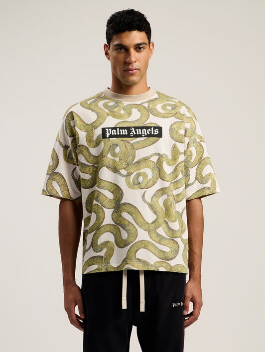 PALM ANGELS Snake Allover Loose T-Shirt IVORY - GREEN PMAA10DF25JER004