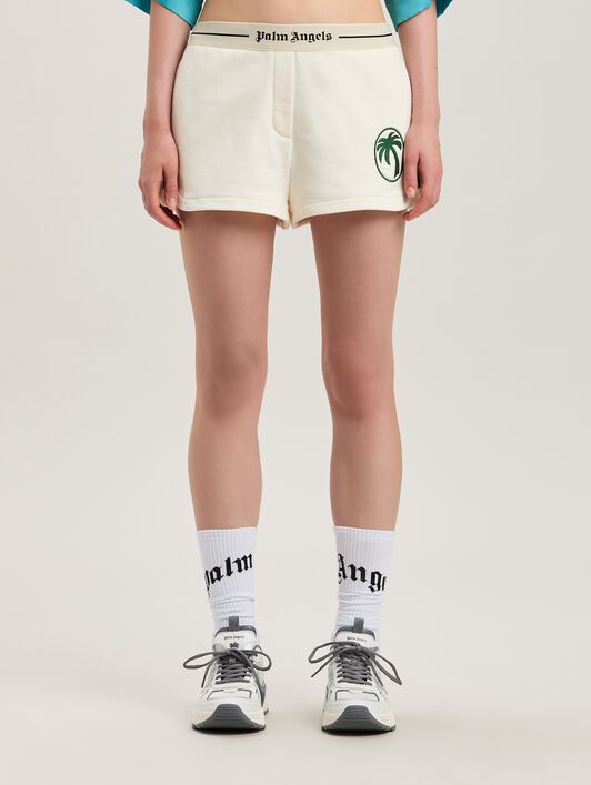 PALM ANGELS  Oval Palm Sweat Shorts OFF WHITE - FOREST GREEN PWCI014S25FLE001