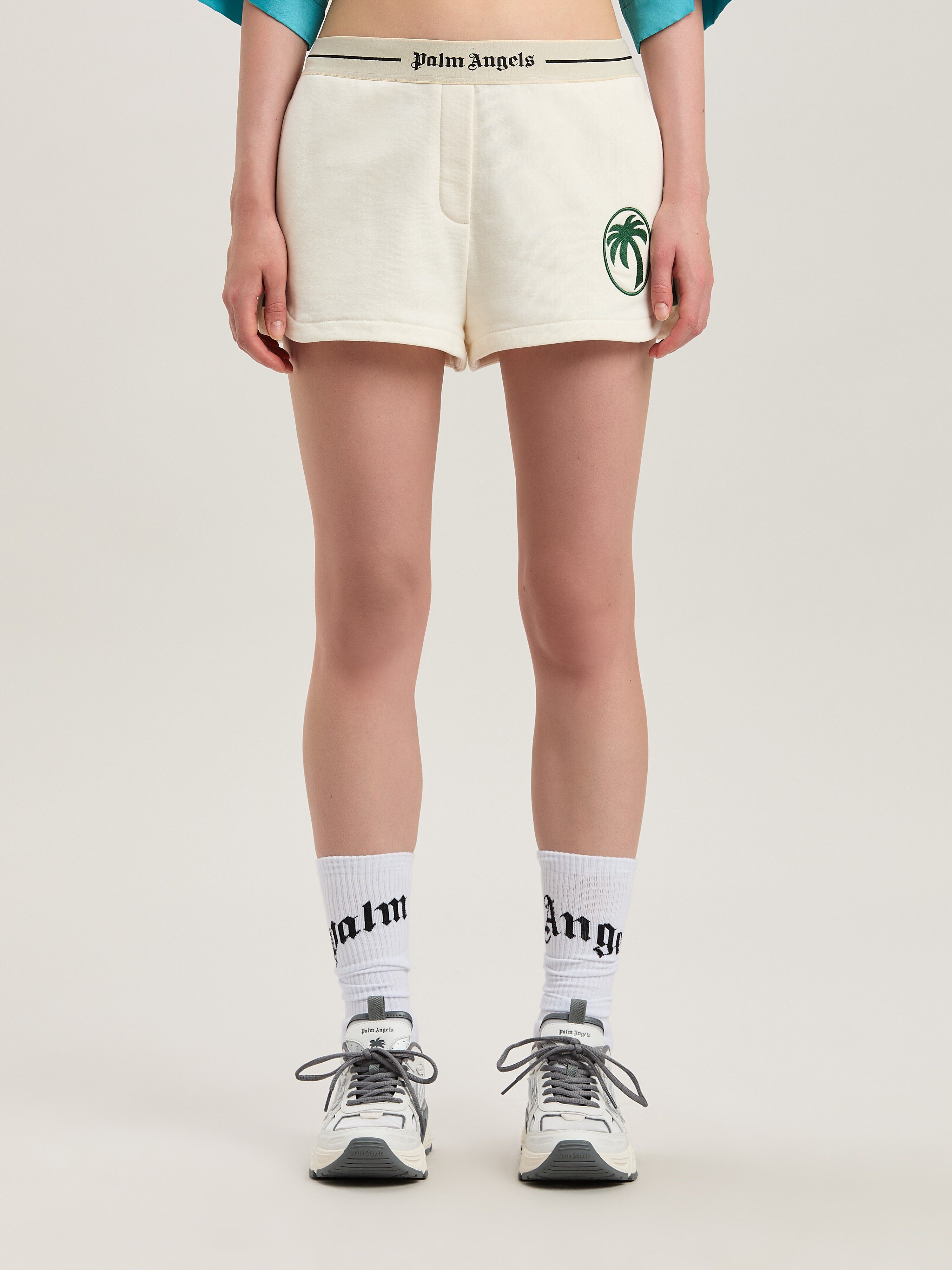 PALM ANGELS  Oval Palm Sweat Shorts OFF WHITE - FOREST GREEN PWCI014S25FLE001