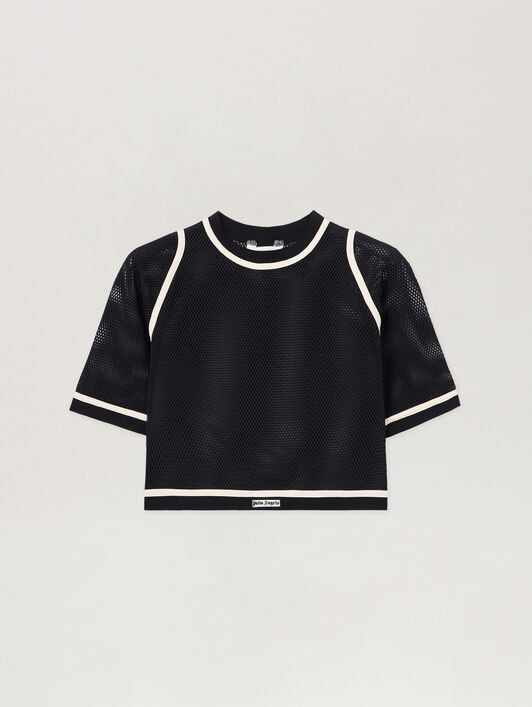 PALM ANGELS Logo Mesh Cropped Top BLACK OFF WHITE PWAD07FS26FAB001