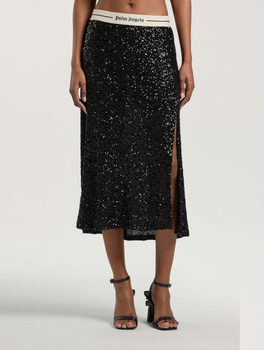 Logo Essential Sequins Midi Skirt PALM ANGELS Logo Essential Sequins Midi Skirt BLACK - CREAM PAWCW02W26FB01