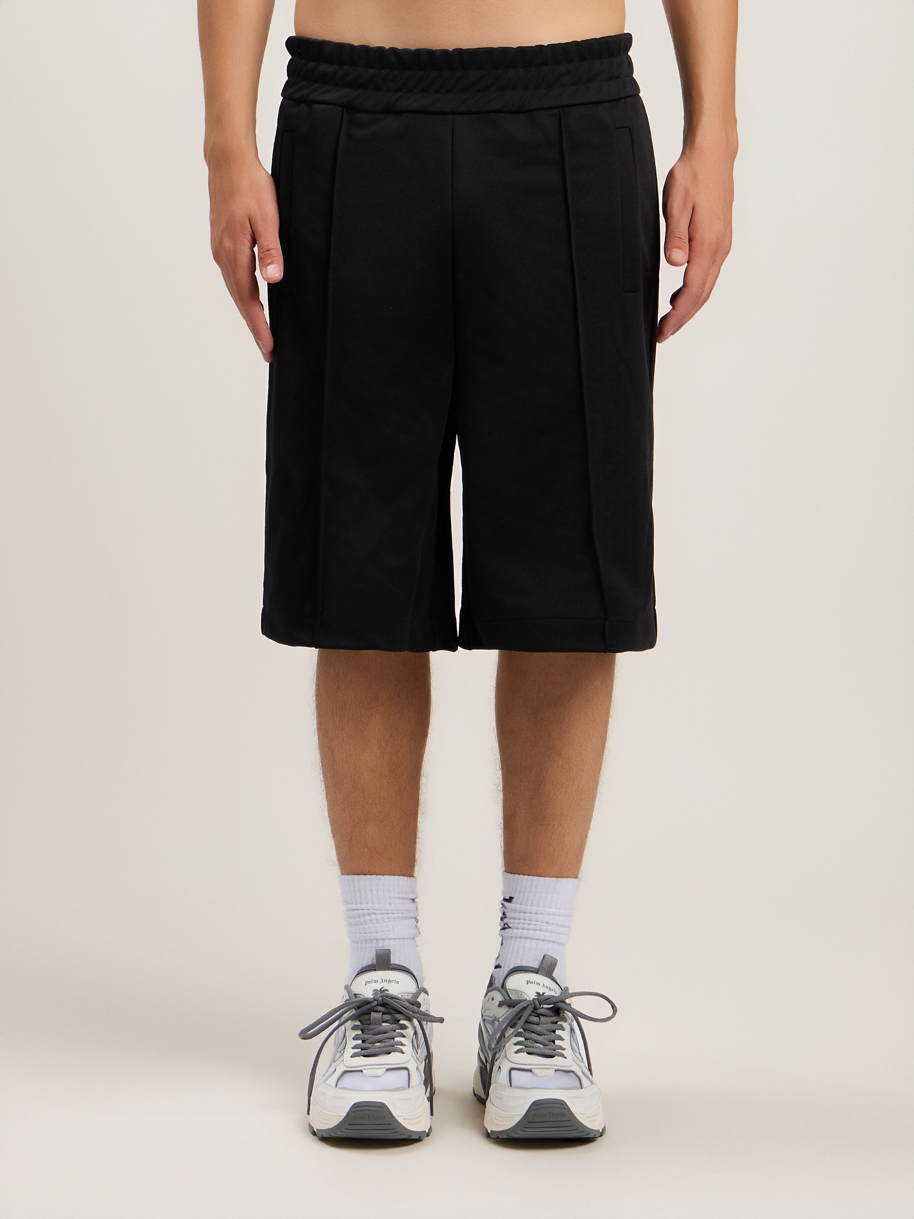 PALM ANGELS Back Curved Logo Track Shorts BLACK OFF WHITE PMCL00AS26FAB001