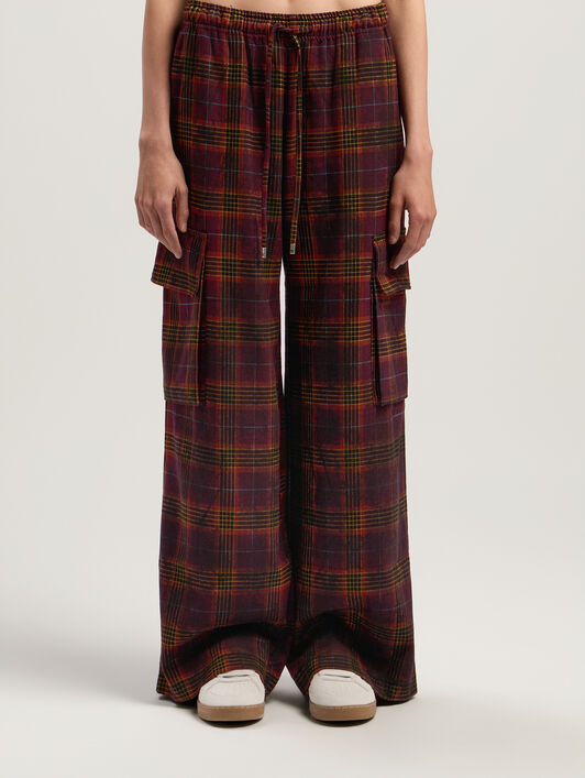 PALM ANGELS Overdyed Check Cargo Pants BURGUNDY - MULTICOLOR PWCF016F25FAB001