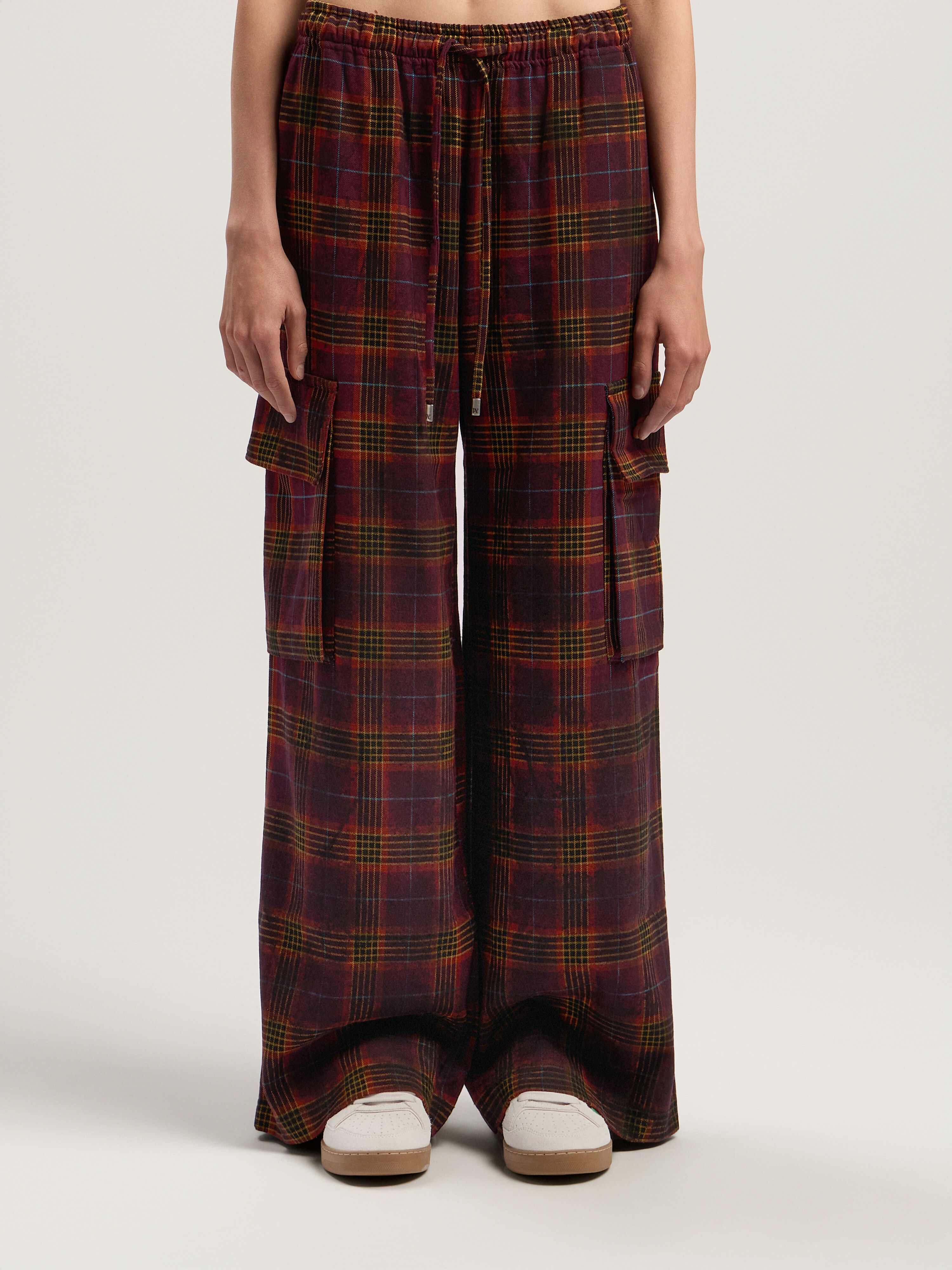 PALM ANGELS Overdyed Check Cargo Pants BURGUNDY - MULTICOLOR PWCF016F25FAB001
