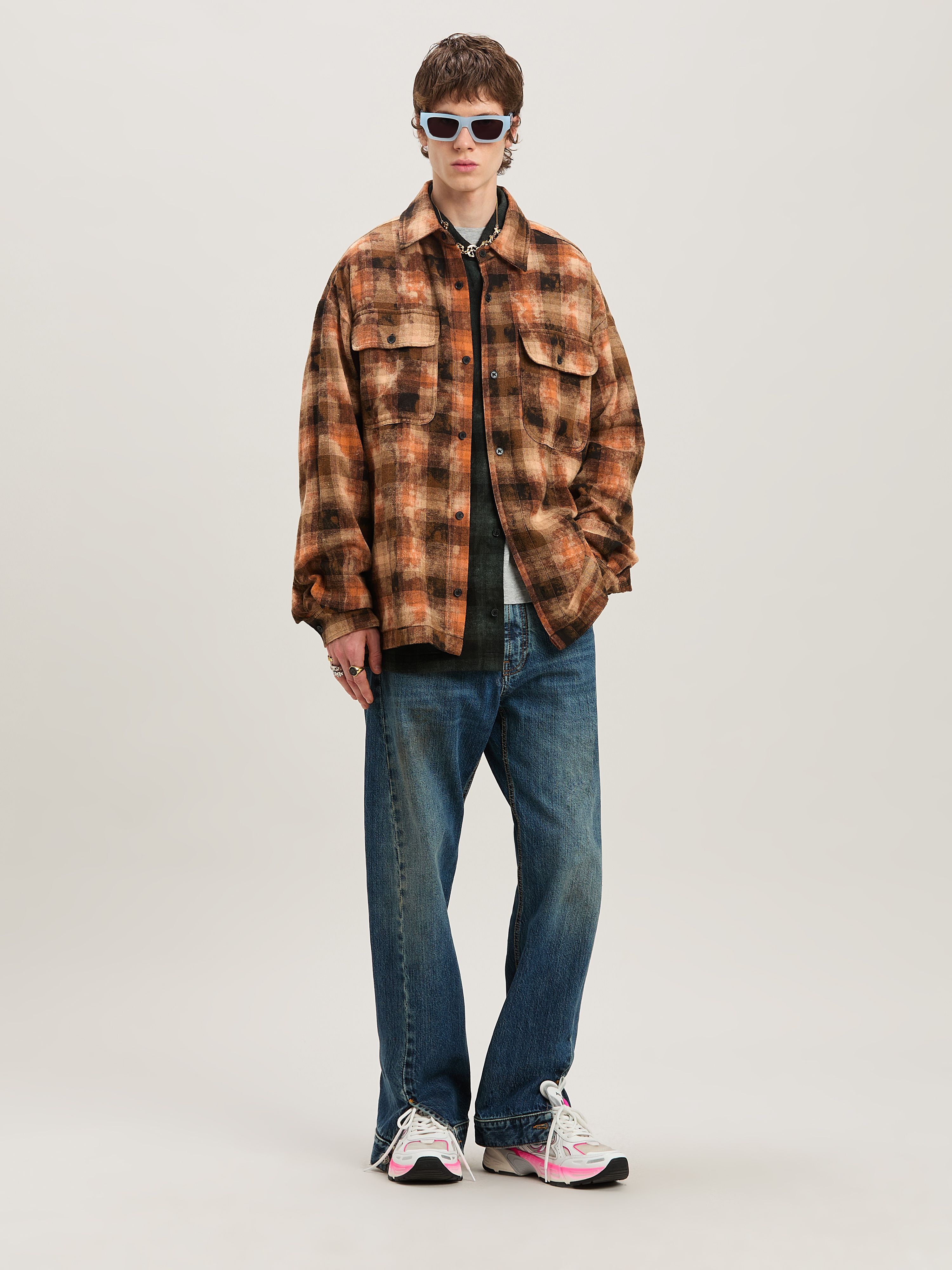 PALM ANGELS  Bear in Mind Check shirt ORANGE - BROWN PMGE043S25FAB001