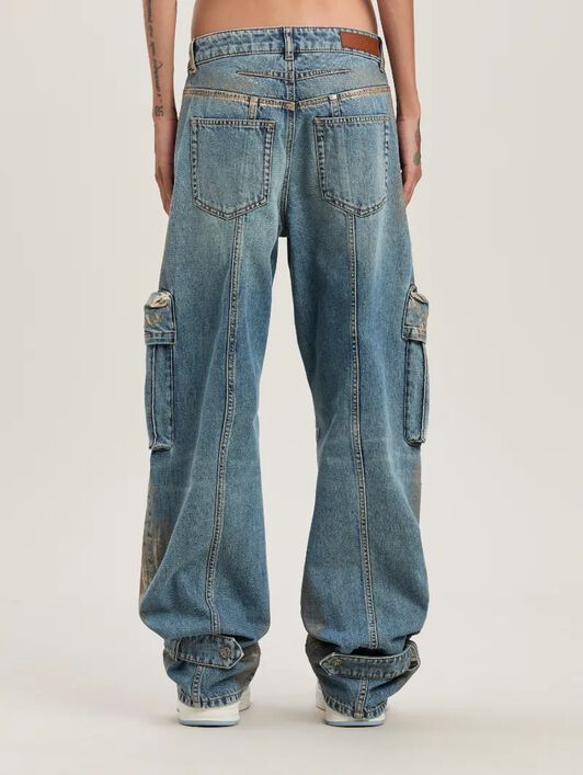 PALM ANGELS  Metal brushed cargo denim pants MEDIUM BLUE - SILVER PWYB029S25DEN001