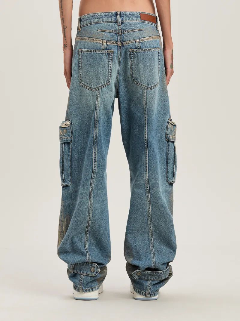 PALM ANGELS  Metal brushed cargo denim pants MEDIUM BLUE - SILVER PWYB029S25DEN001