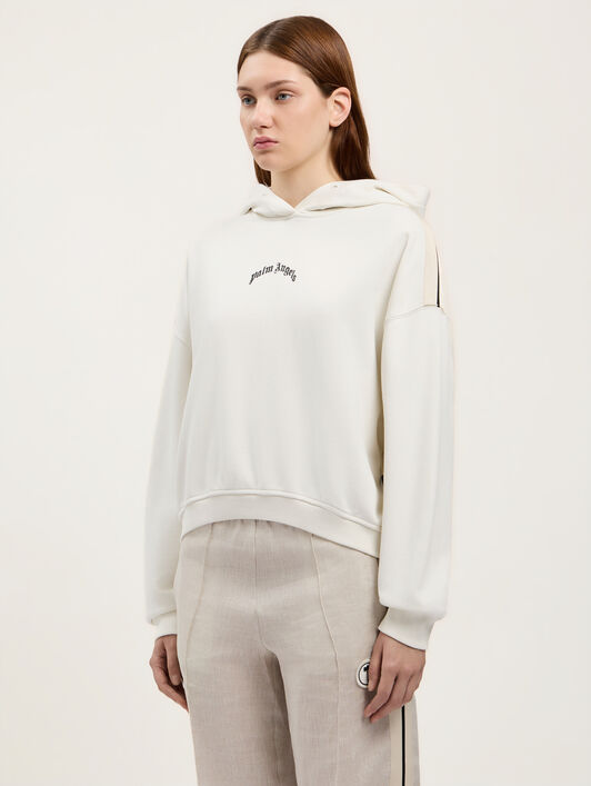 PALM ANGELS Curved Logo Loose Crop Hoodie OFF WHITE BLACK PWBB076S26FLE001