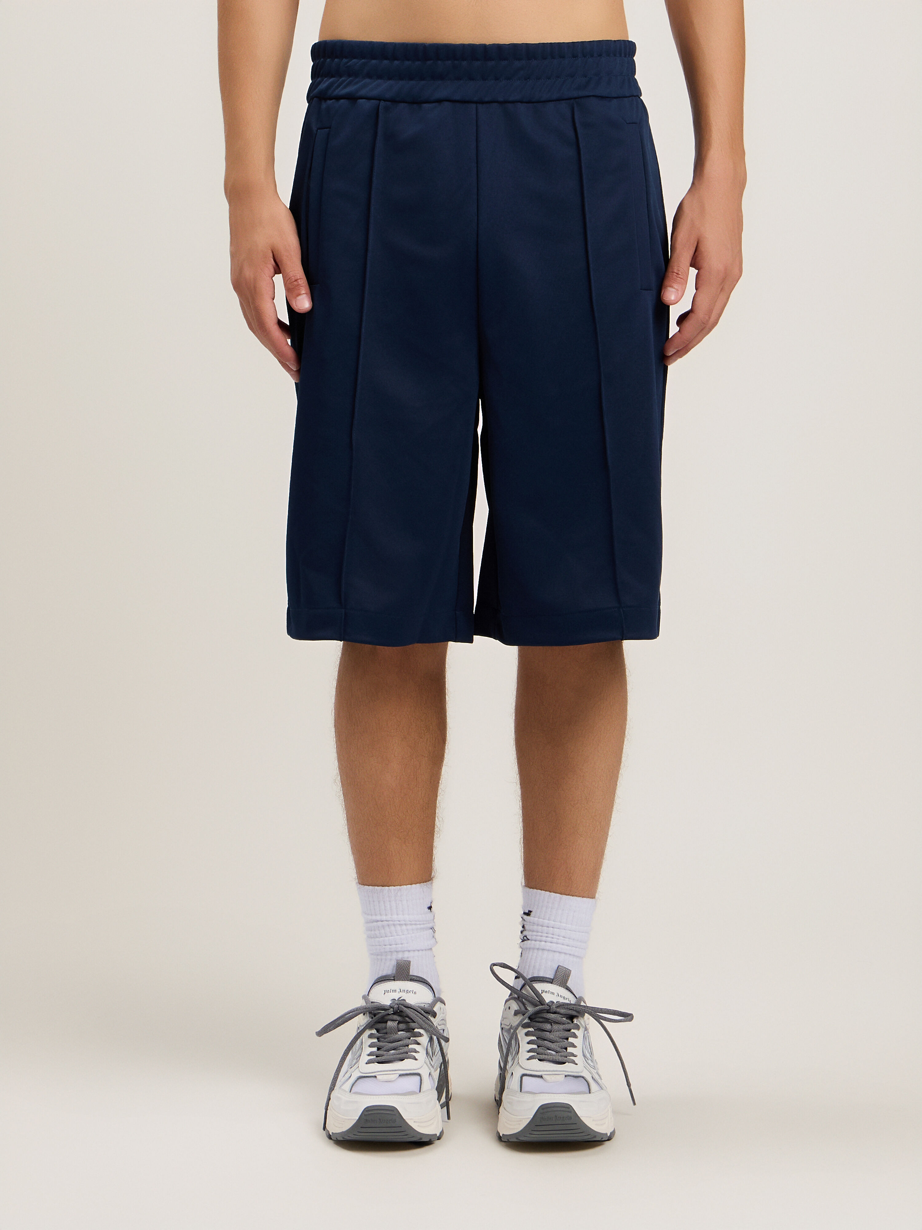 PALM ANGELS Back Curved Logo Track Shorts NAVY BLUE OFF WHITE PMCL00AS26FAB001