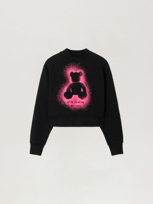 Spray Bear Fitted Crew Sweatshirt PALM ANGELS Spray Bear Fitted Crew Sweatshirt BLACK - FUCHSIA FLUO PWBA016F25FLE004