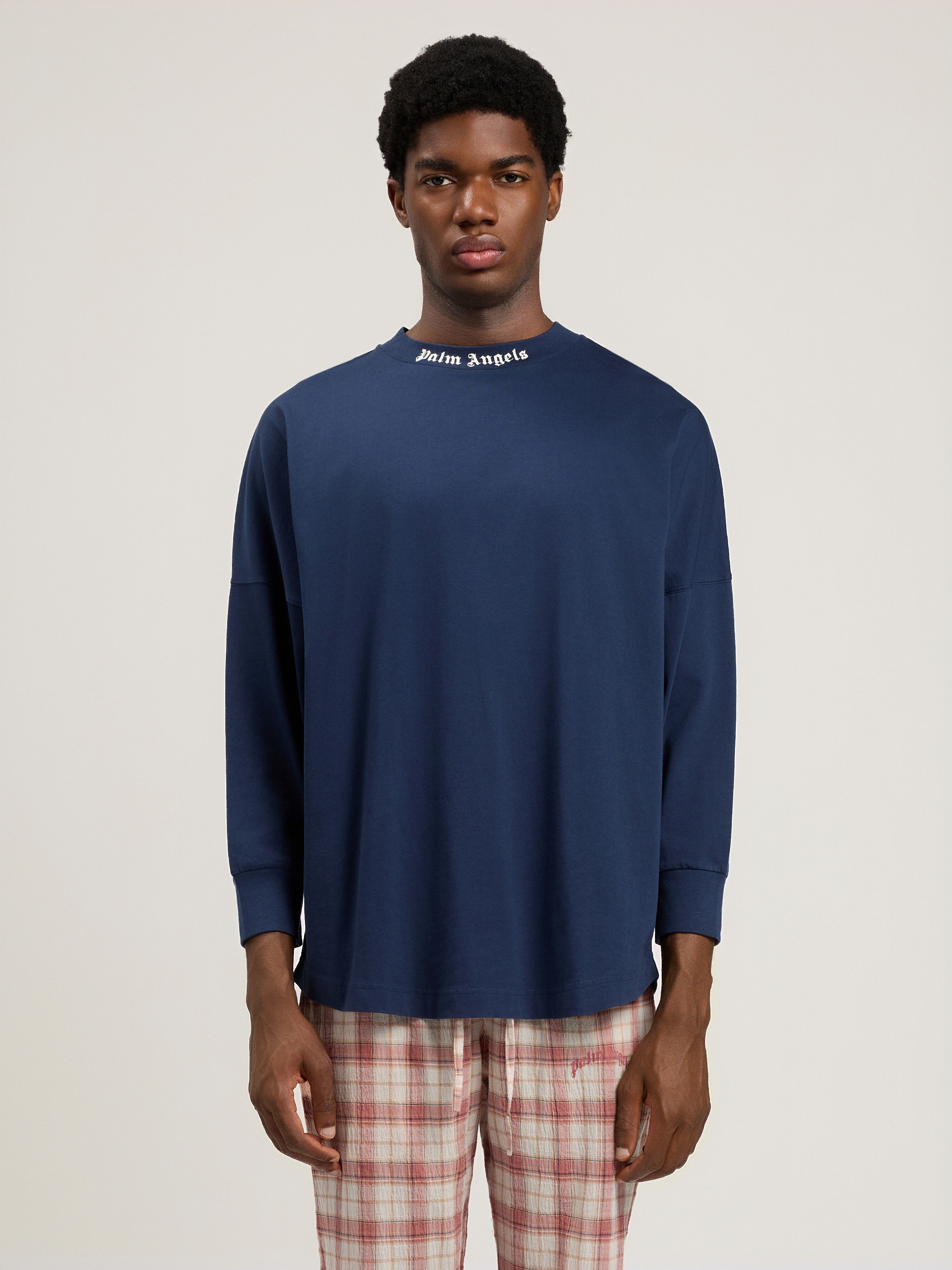 PALM ANGELS Classic Logo Long-Sleeved Over T-Shirt NAVY BLUE OFF WHITE PMAB059S26JER001