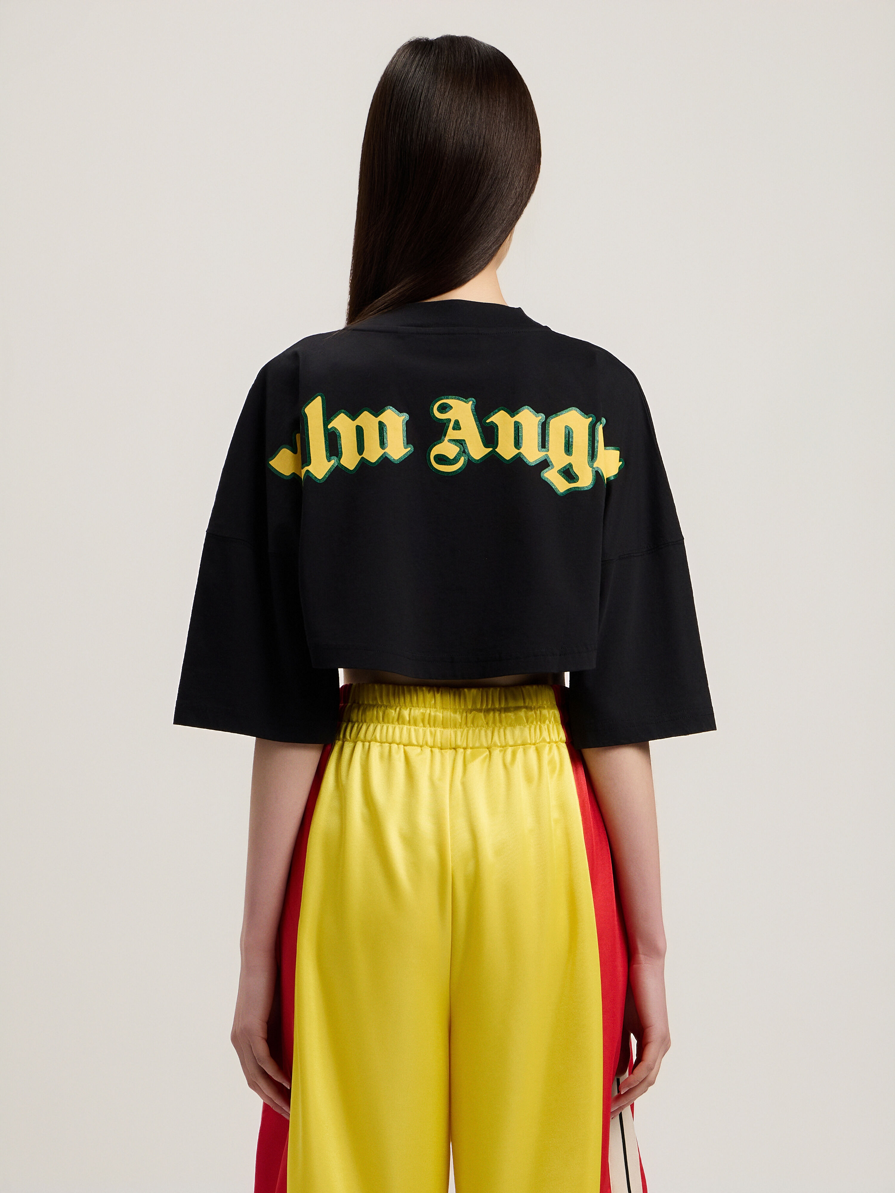 PALM ANGELS Outline Logo Mini T-Shirt BLACK YELLOW PWAA054S26JER003