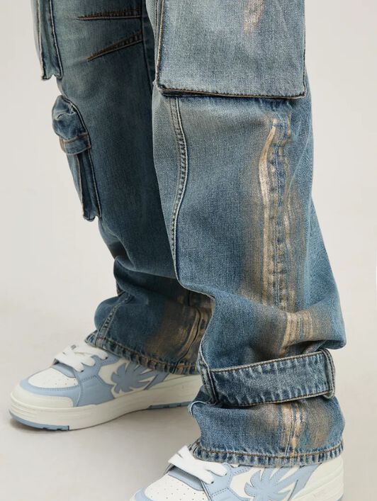 PALM ANGELS  Metal brushed cargo denim pants MEDIUM BLUE - SILVER PWYB029S25DEN001