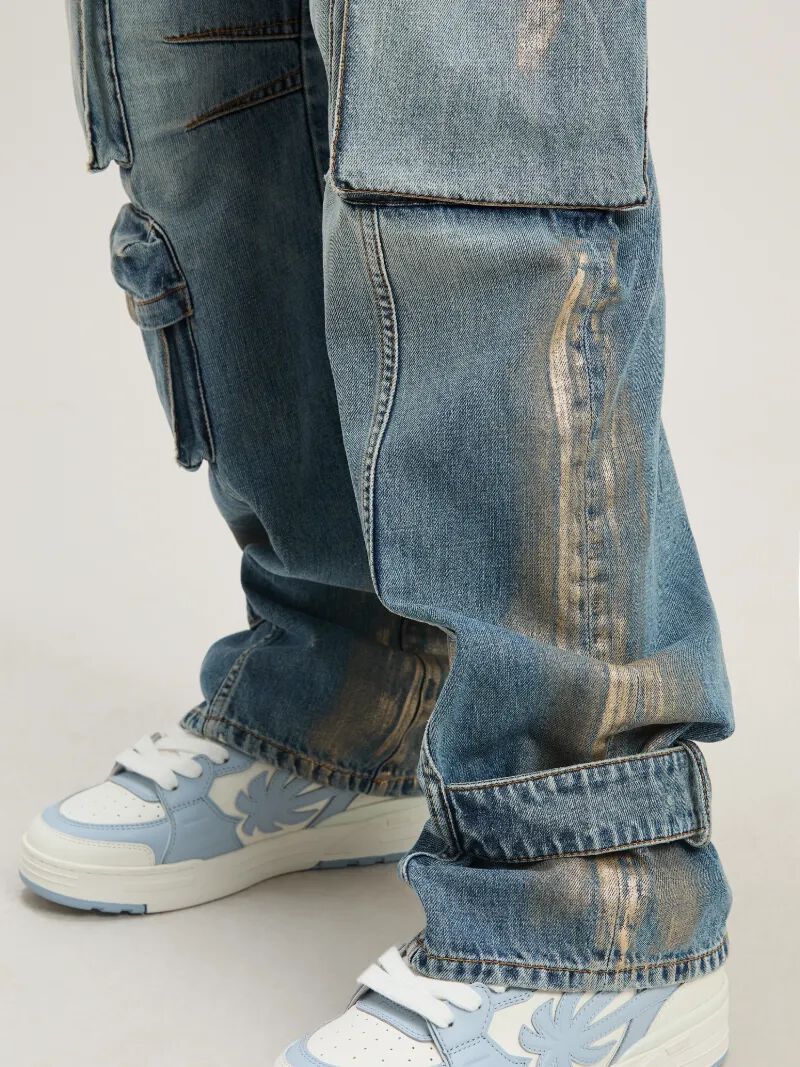 PALM ANGELS  Metal brushed cargo denim pants MEDIUM BLUE - SILVER PWYB029S25DEN001