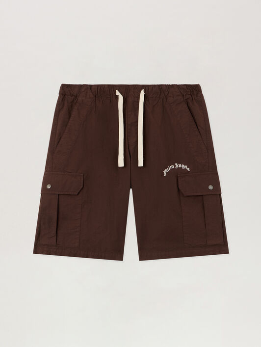 PALM ANGELS Curved Logo Loose Cargo Shorts BROWN OFF WHITE PMCS012S26FAB002