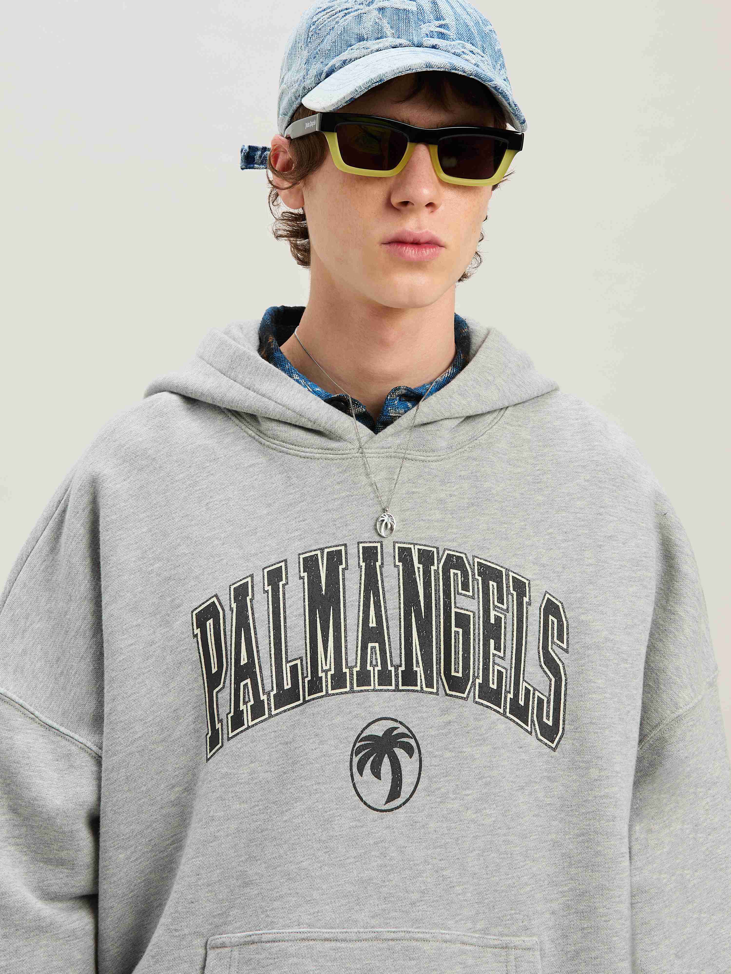 PALM ANGELS  College Oval Palm Hoodie GREY MELANGE - BLACK PMBB155S25FLE001