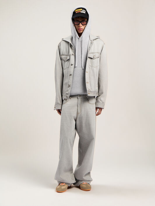 PALM ANGELS Curved Logo Rib Knit Hoodie GREY MELANGE - OFF WHITE PMHU025F25KNI001