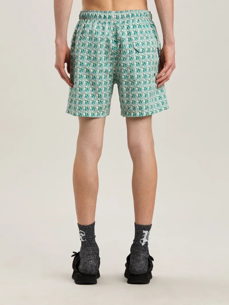 PALM ANGELS  PA DIAMONDS SWIMSHORTS GREEN - IVORY PMFD012S25FAB004