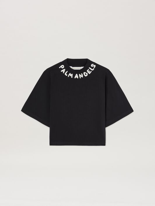 PALM ANGELS  Block logo cropped T-shirt BLACK - OFF WHITE PWAA020S25JER003