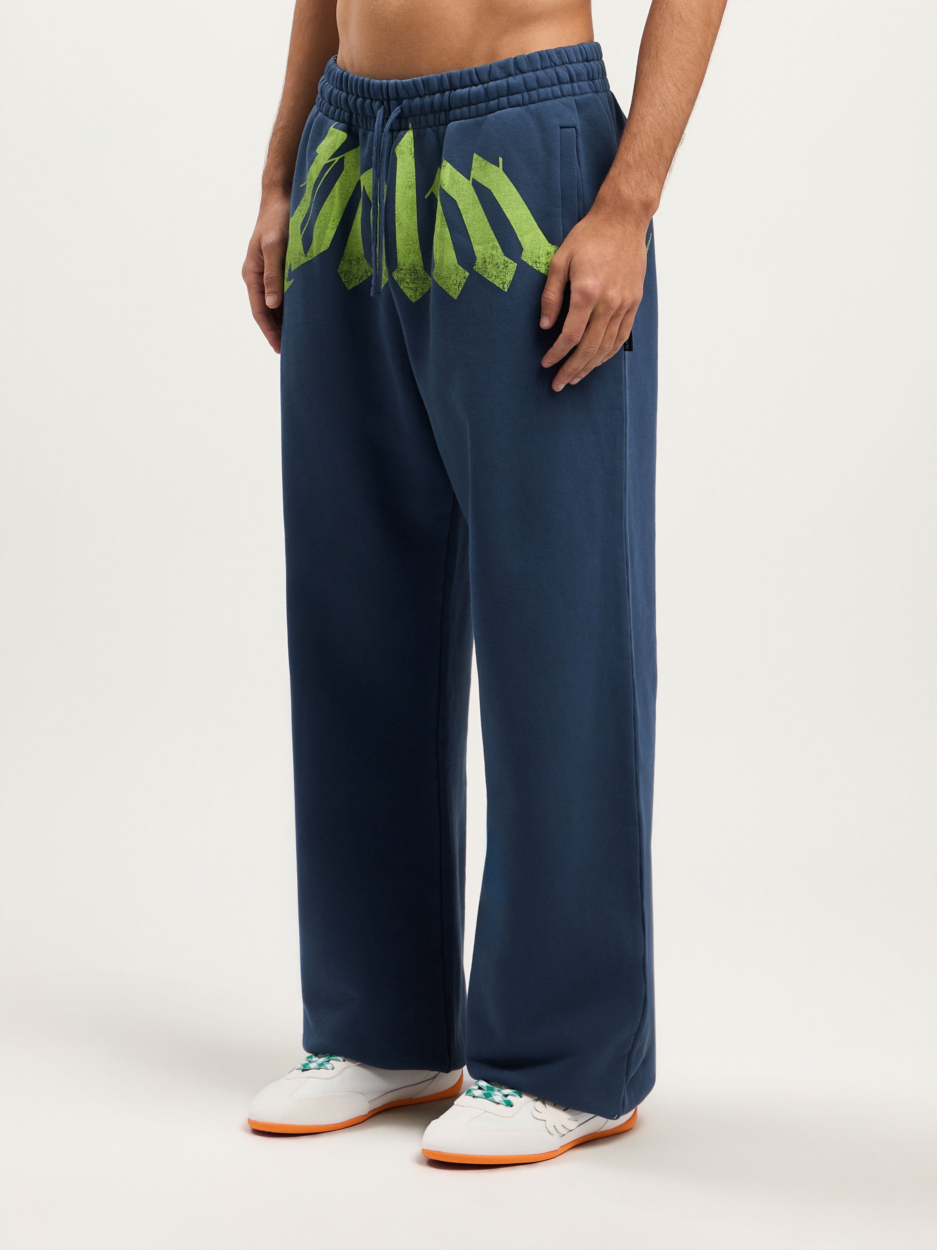 PALM ANGELS Big Waist Logo Sweatpants NAVY BLUE LIME PMCH025S26FLE003
