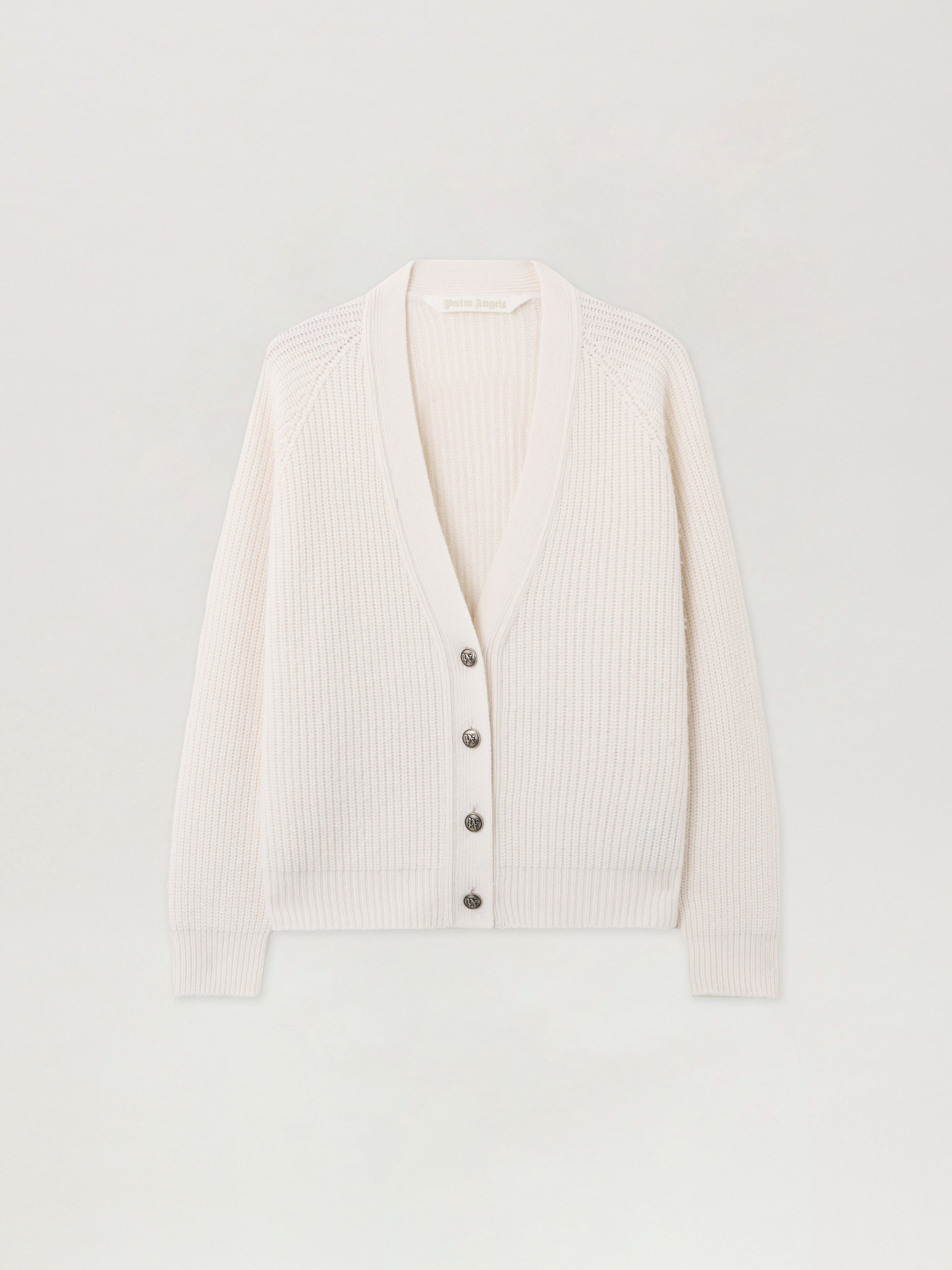 Curved Logo Ribbed Cardigan PALM ANGELS Curved Logo Ribbed Cardigan OFF WHITE - PINK PWHB045F25KNI001