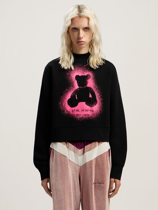 PALM ANGELS Spray Bear Fitted Crew Sweatshirt BLACK - FUCHSIA FLUO PWBA016F25FLE004