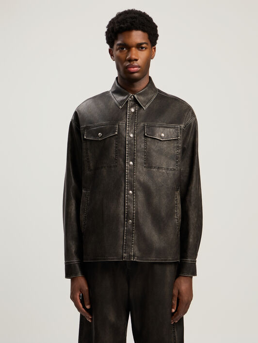 PALM ANGELS Curved Logo Coated Overshirt DARK GREY - BLACK PMJE015F25FAB001