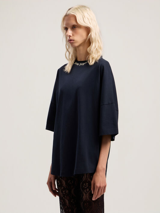 PALM ANGELS Curved Logo Collar Over Tee DARK BLUE - OFF WHITE PWAA07DF25JER001