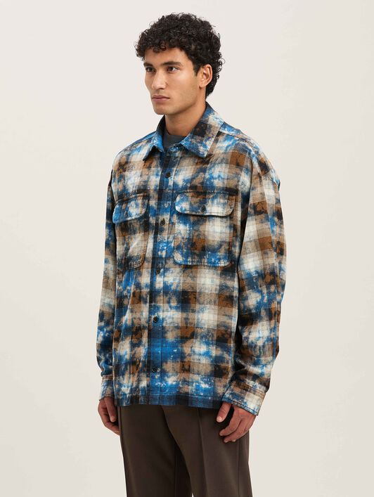 PALM ANGELS  Curved logo Faded tartan shirt LIGHT BLUE - OFF WHITE PMGE043S25FAB003
