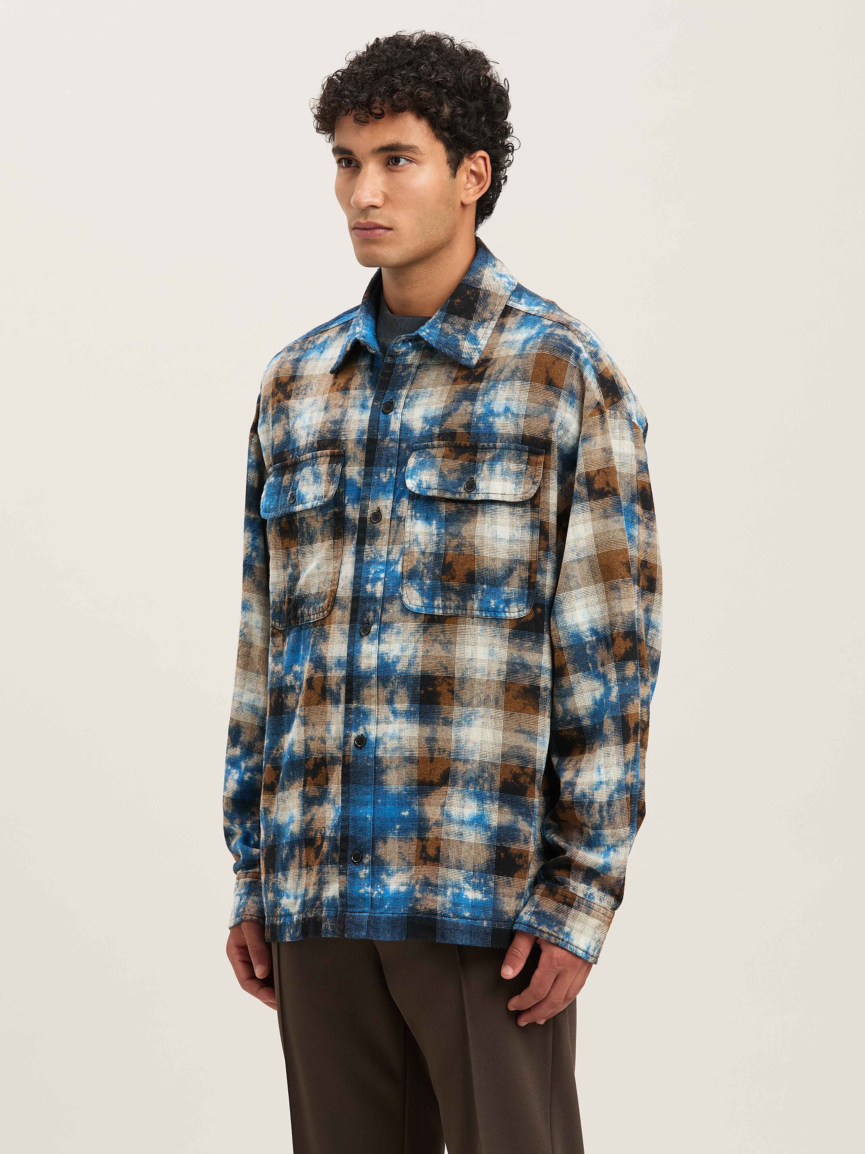 PALM ANGELS  Curved logo Faded tartan shirt LIGHT BLUE - OFF WHITE PMGE043S25FAB003