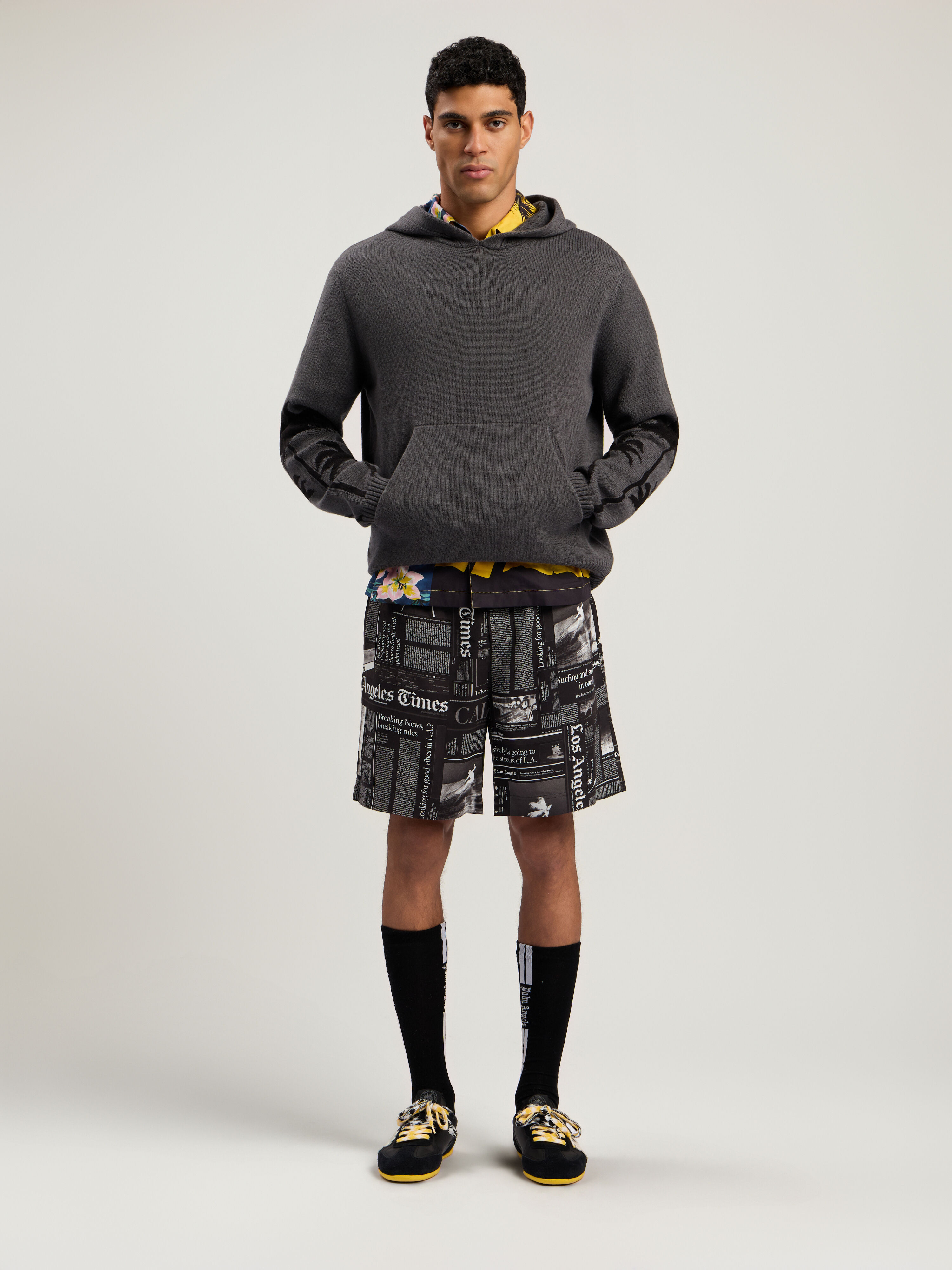 PALM ANGELS Back Palms Knit Hoodie DARK GREY - BLACK PMHU026F25KNI001