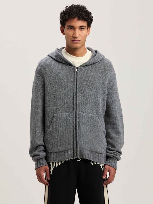 PALM ANGELS  Curved Logo knit hoodie GREY MELANGE - OFF WHITE PMHU023S25KNI001