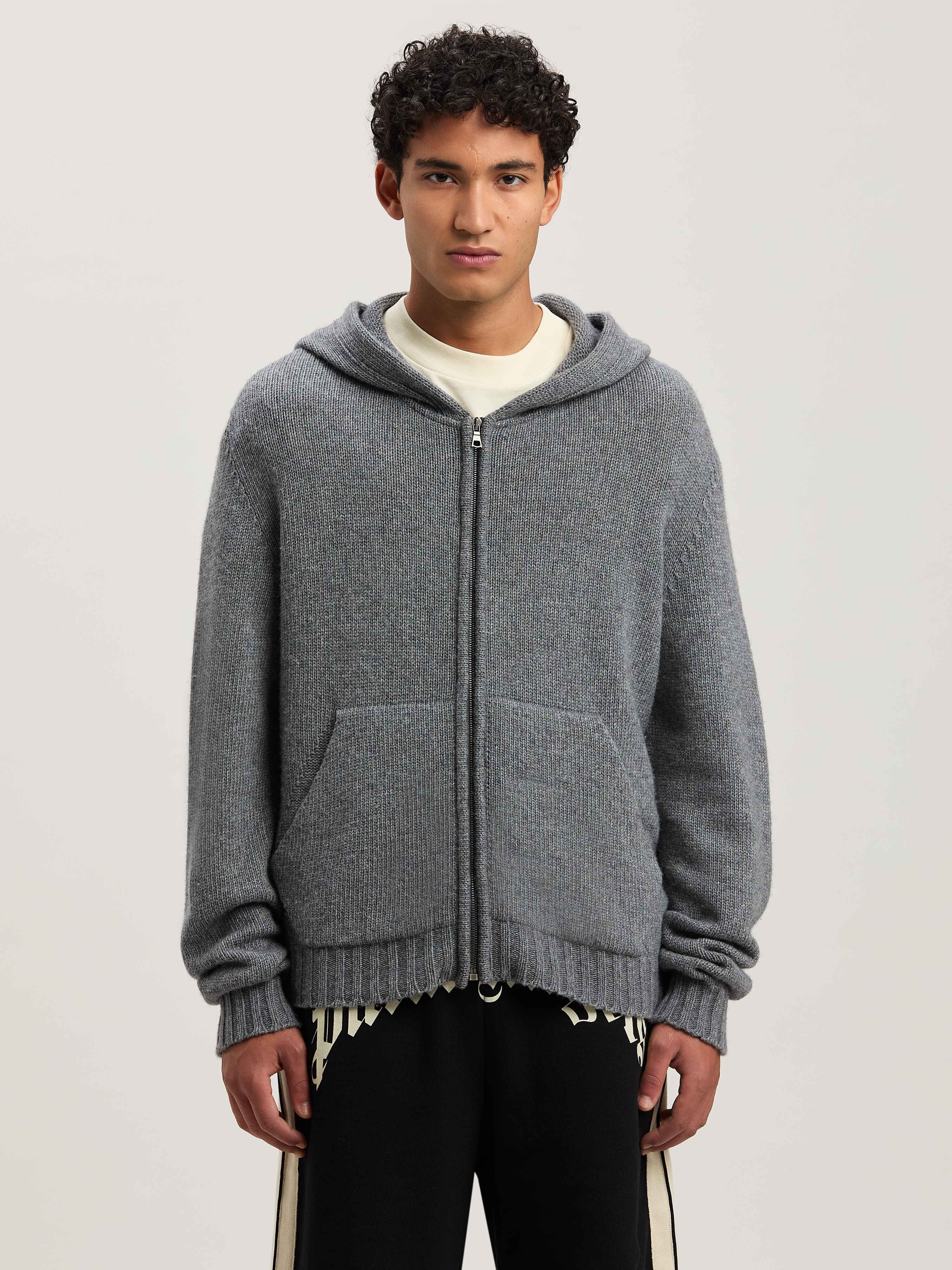 PALM ANGELS  Curved Logo knit hoodie GREY MELANGE - OFF WHITE PMHU023S25KNI001