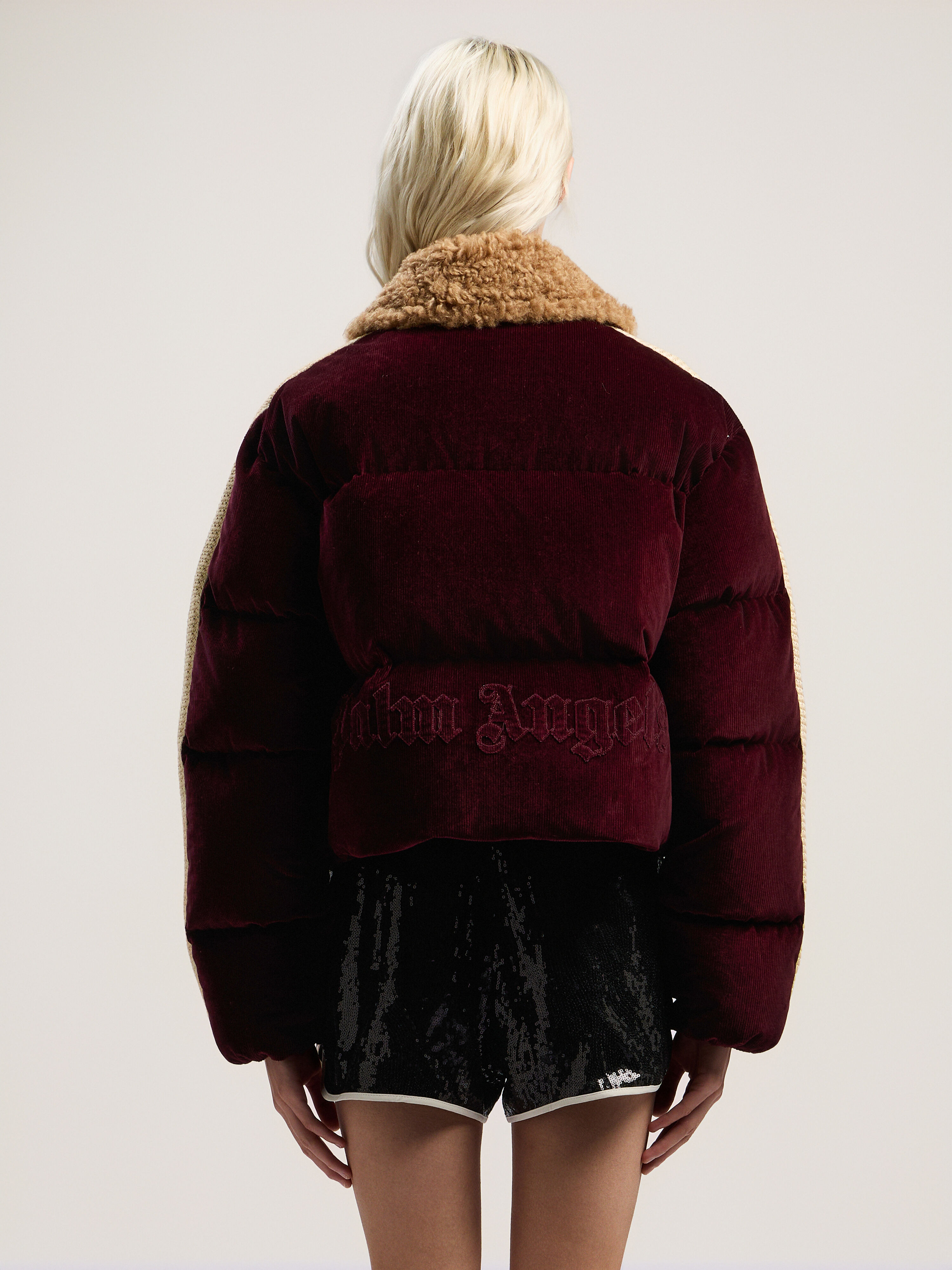 PALM ANGELS Classic Logo Cord Down Jacket BURGUNDY - BROWN PWED029F25FAB001