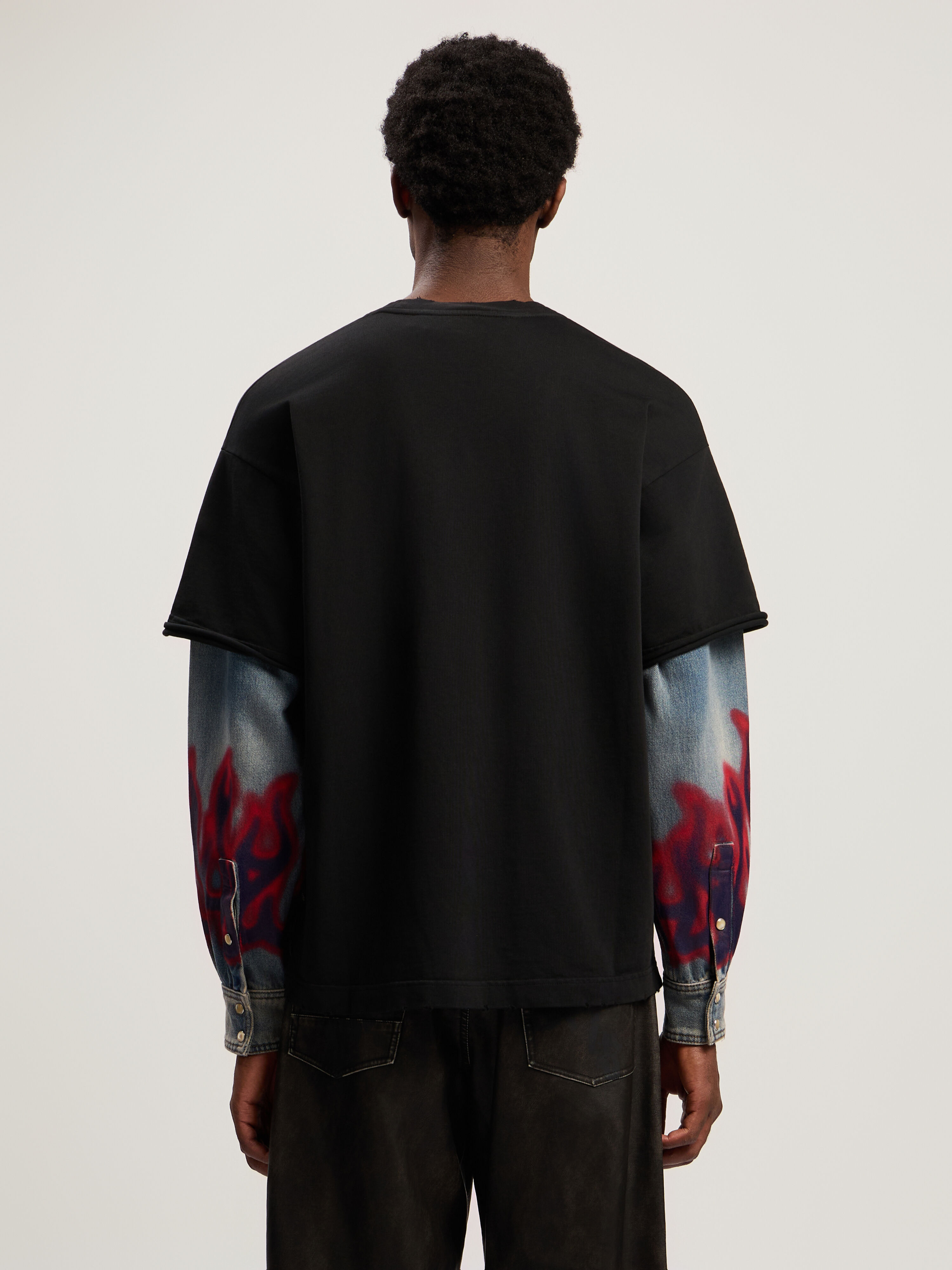 PALM ANGELS Flames Hybrid Shirt L/S VINTAGE BLACK - MEDIUM BLUE PMGE04BF25FAB001