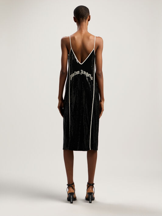 PALM ANGELS Curved Logo Sequin Slip Dress BLACK - OFF WHITE PWDJ009F25FAB001