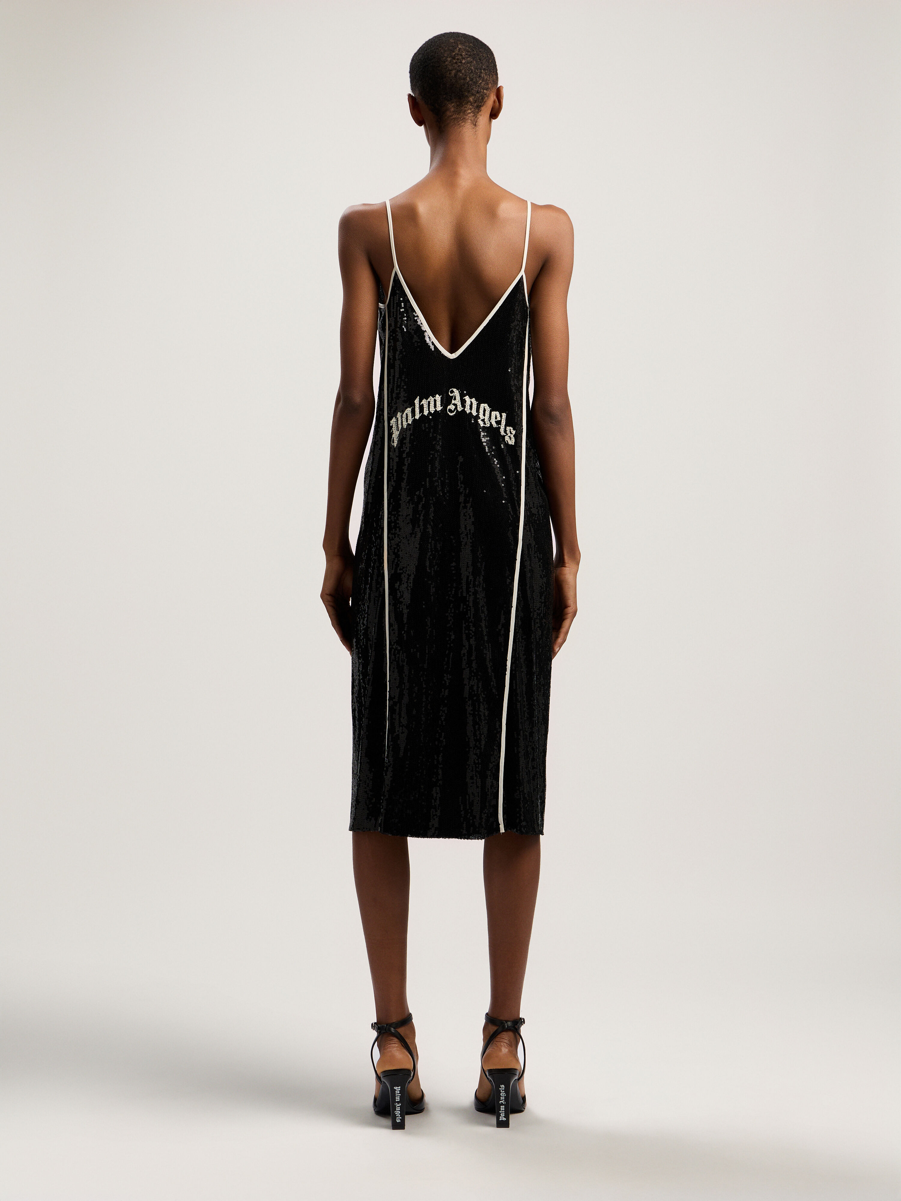 PALM ANGELS Curved Logo Sequin Slip Dress BLACK - OFF WHITE PWDJ009F25FAB001