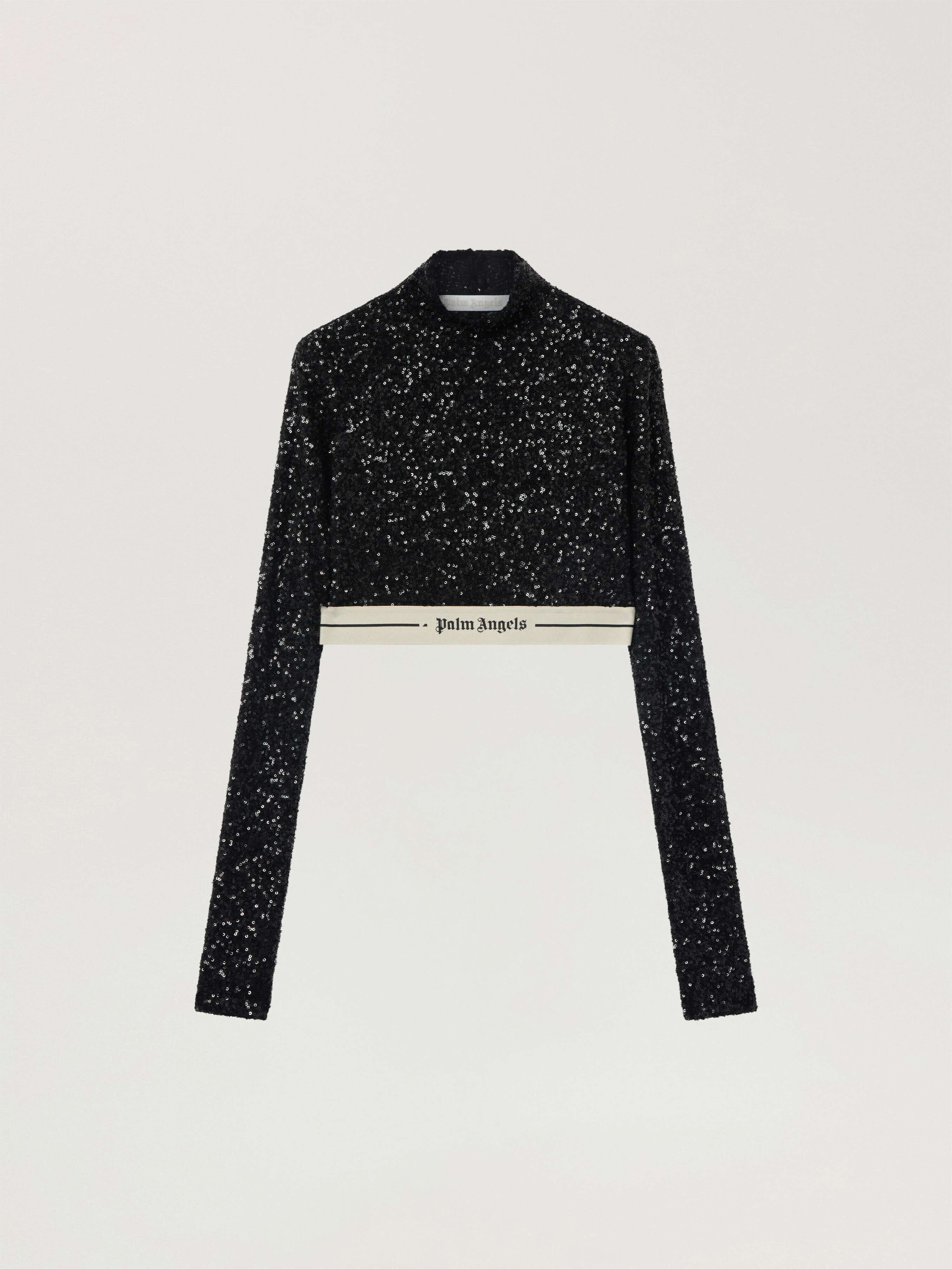 Logo Essential Sequins Top Long Sleeve PALM ANGELS Logo Essential Sequins Top Long Sleeve BLACK - CREAM PAWAF03W26FB01