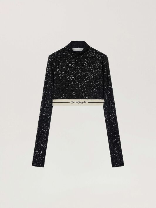 Logo Essential Sequins Top Long Sleeve PALM ANGELS Logo Essential Sequins Top Long Sleeve BLACK - CREAM PAWAF03W26FB01